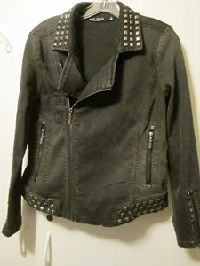 $105 Max Jeans Black Studded "Moto" Motorcycle Style Stretch Denim Jacket M NWOT - Picture 1 of 7
