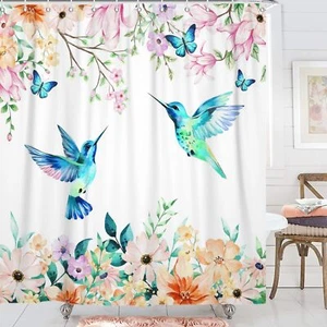 Hummingbird Floral Shower Curtain Spring Watercolor Flowers Blossom with Leav... - Picture 1 of 8