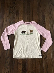 Ariat Girls M (10Y) Organic Cotton Pink/Creme Long-Sleeve Tee w/Velvet Horse/Dog - Picture 1 of 11