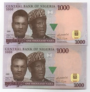 NIGERIA 2 X 1000 NAIRA 2005 PICK 36 A RUNNING NUMBERS CONSECUTIVE UNC - Picture 1 of 2