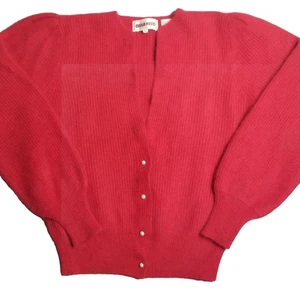Vtg Emilio Rossi Cardigan Sweater Red Pearl Buttons Wool Angora 80s Sz L - Picture 1 of 10