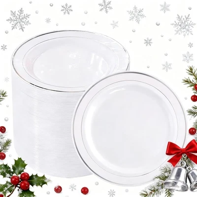 Platos De Plastico Para Fiesta De Boda Borde Blanco Plateado 100 Platos Llanos.. Foto 1 de 4