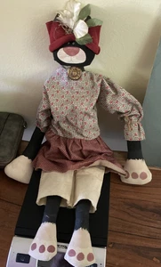 Artisan Folk Art  Cloth Fabric Rag Doll Cat Tuxedo Anthropomorphic Rustic - Picture 1 of 8