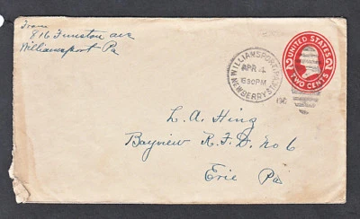 US POSTAL ENVELOPE #U411 FROM WILLIAMSPORT TO ERIE PENNSYLVANIA 1917 - Image 1 of 2