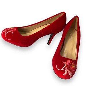 Forever Riley Pumps Womens 9 Red Embroidered Rose High Heels Casual Velvety Y2K - Picture 1 of 12