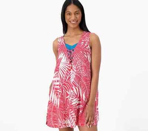 Jantzen Sleeveless Lace Up Woven Cover-Up Dress Watermelon Leaf Large A602928 - Picture 1 of 3