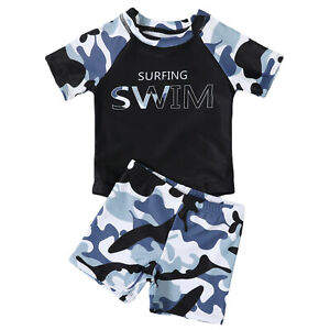 Kids Boys Rash Guard Swim Trunk Set Camouflage Bathing Suit Pool Beach Swimwear