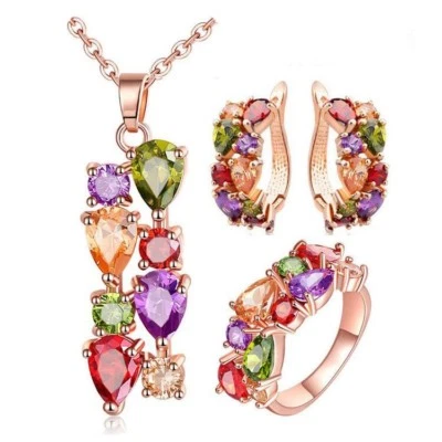 Natural Garnet Amethyst Peridot Rose Glod Plated Pendant Earrings Rings Size 6-9 - Image 1 of 4