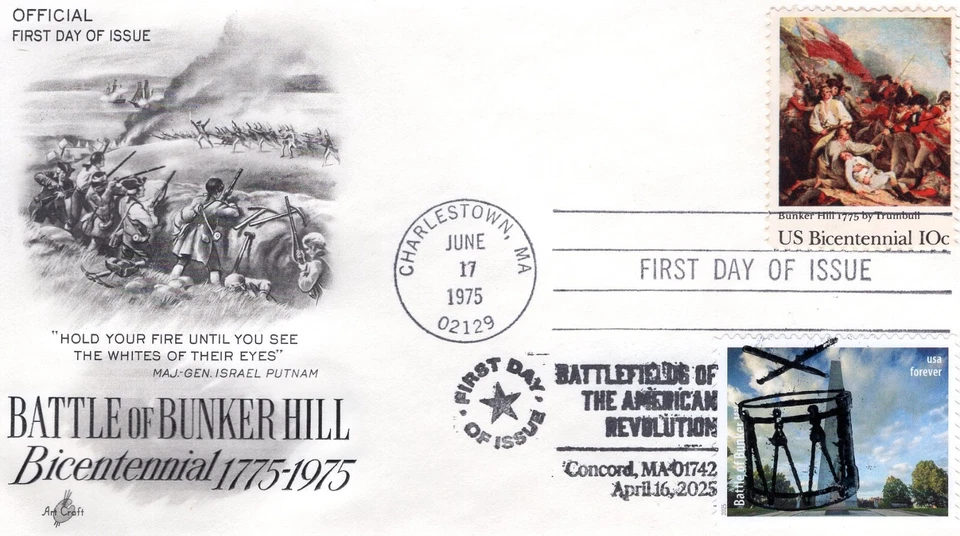 2025 AM. REV. BATTLEFIELDS BUNKER HILL MONUMENT FDC ON 1975 BUNKER HILL FDC GEM! - Image 1 of 1