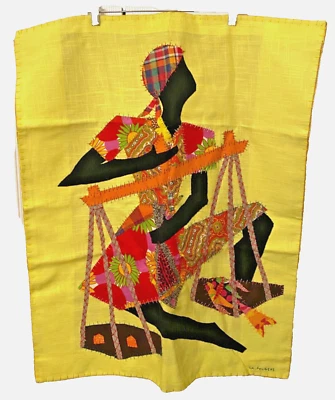 Apliques de retazos haitianos firmados por LA FOUGERE arte popular bandera tapiz tela decoración Foto 1 de 4