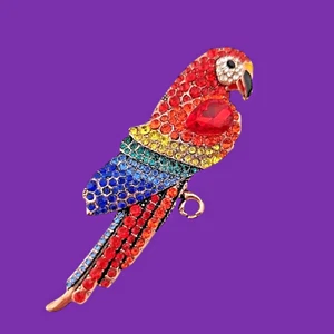 SCARLET MACAW PARROT BROOCH glass crystal enamel copper rainbow bird pin N2 - Picture 1 of 5