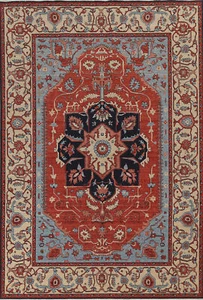 Rot/Elfenbein Geometrisch Handgefertigt Zimmergröße Heriiz Serapi Wolle Türkischer Teppich 7x10 - Bild 1 von 19