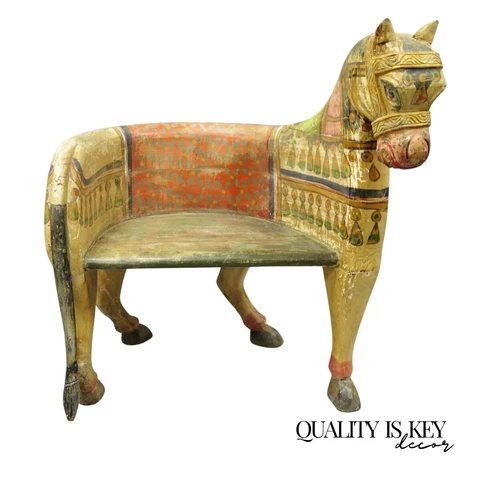 Vintage Solid Carved Wood Red & Green Figural Primitive Horse Bench Seat Chair Cover