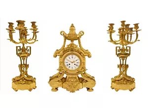 Antique Gilt Bronze Raingo Freres Mantel Clock & Henri Picard Candelabra - Picture 1 of 24