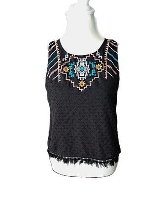Женщин XHILARATION черный вышитый ацтекский Western Майка средний рубашка кружева - Изображение 1 из 4