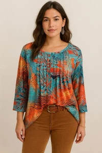 Xieerduo Damen Bluse Oberteil 3/4 Arm Mehrfarbig Größe Large Rundhals Bohemian - Bild 1 von 15