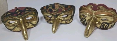Mardi GRAS Venetian CERAMIC LONG Nose MASK Set Of 3.  Hanging But Fit Face Gold - Image 1 of 4
