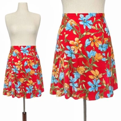 1970s Vintage Mini Skirt 70s Orange Blue Skater Funky Flower Power Small ILGWU - Image 1 of 4