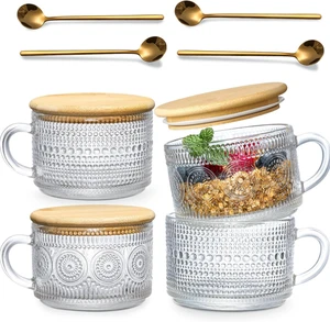 4Pcs Set Vintage Coffee Mugs Gifts for Women, Overnight Oats Containers with Bam - Picture 1 of 12