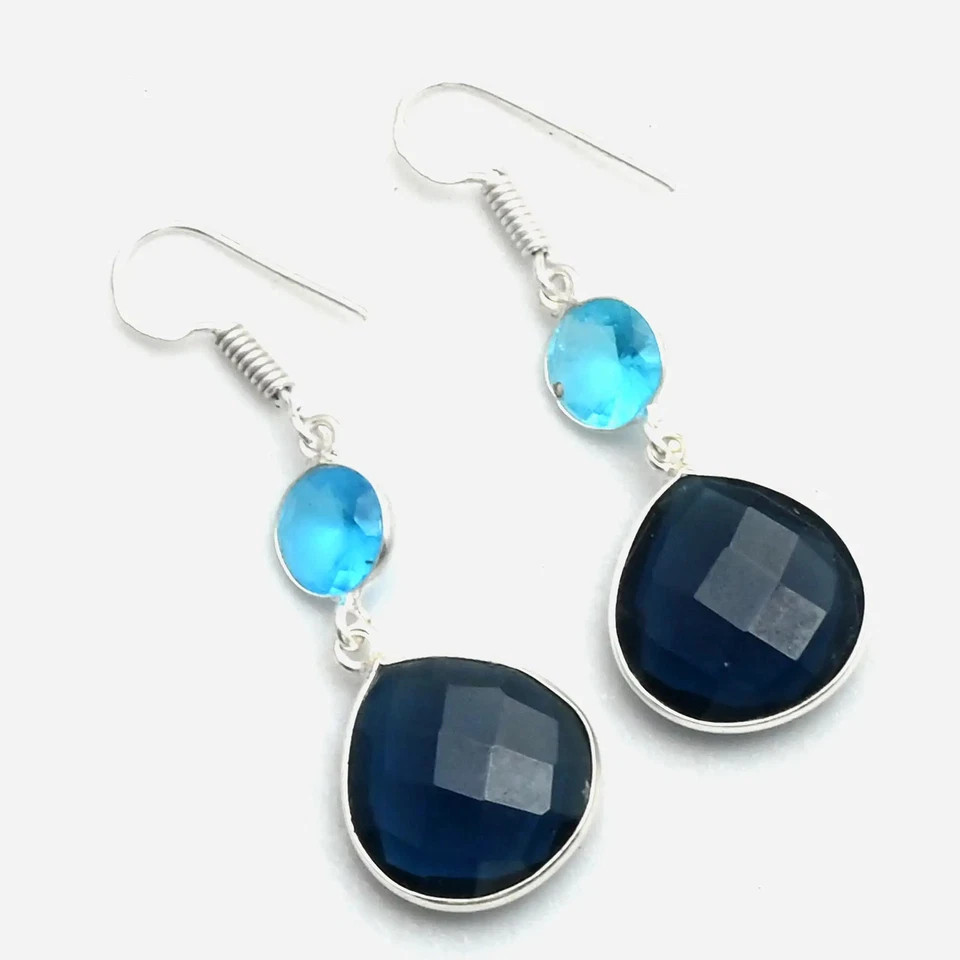 Brincos pendurados em gota de pedra preciosa topázio azul tanzanita joia presente 1,8" AE-11131 - Imagem 1 de 1