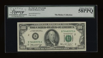 DBR 1974 $100 FRN New York Fr. 2167-B Legacy 58 PPQ Serial B76483575A - Image 1 of 2