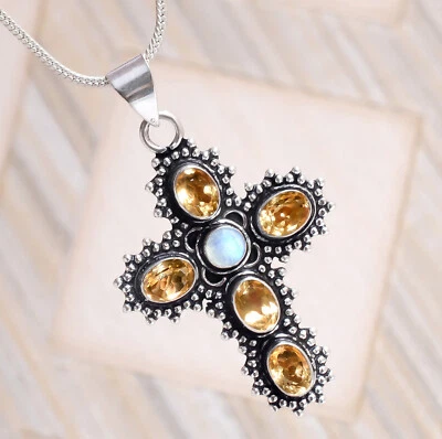 Topacio citrino amarillo, joyería de piedra lunar plata de ley 925 hecha a mano cruz femenina Foto 1 de 4