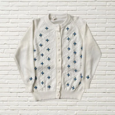 Vintage 70s Cardigan Sweater white w Blue Floral Embroidery Petronelli size s - Image 1 of 4