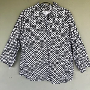 Camisa Foxcroft NYC Mujer L Negra Blanca Estampado Fácil Cuidado Abotonada Carrera Preppy - Imagen 1 de 11