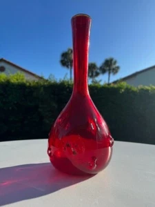 Vintage MCM Bischoff Glass Vase-Brutalist Ruby Red 12" Lip Glows-Blenko Era - Picture 1 of 16