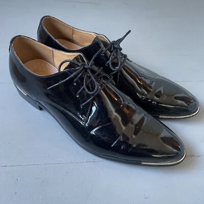  Classic Black Patent Leather 3 Hole Lace Up Mens Shoe with Gold Accent Size 12 - Image 1 of 4