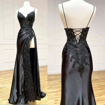 Black Wedding Dresses Spaghetti Straps Sexy Side Split Mermaid Bridal Gowns - Image 1 of 4