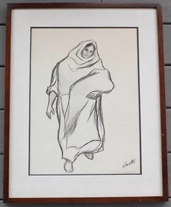 Fernando Castro Pacheco Signed Charcoal Drawing Of Mexican Lady In Custom Frame - Picture 1 of 8