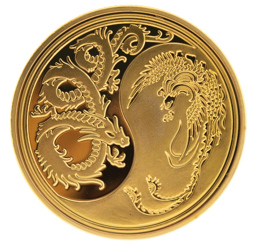 Glücksmünze Drache/Phönix ø 40mm 24K vergoldet - Bild 1 von 3