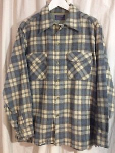 Vintage Pendleton Men's Large Blue Gray Loop Collar Virgin Wool Board Shirt EUC