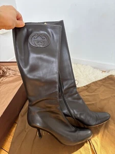 Gucci Stiv Pelle S Cuoio Lifford Nero Black Zip Logo Tall Boots, Sz 10B - Picture 1 of 22