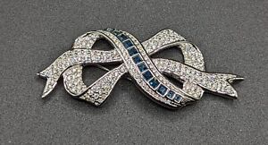 Swarovski Brand Swan Logo Blue Clear Crystal Silver Ribbon Bow Brooch Pin RARE