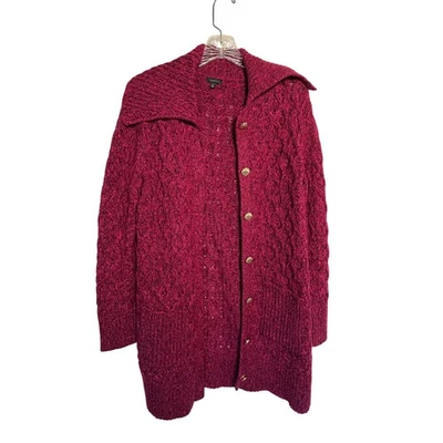 Talbots Cable Knit Longline Collared Cardigan Gold Buttons Pink Red Size Medium - Image 1 of 4