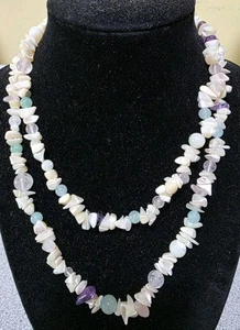 Mother Of Pearl Shell Chips With Amethyst, Pink Quartz And Jadite Necklace #673 - Picture 1 of 9