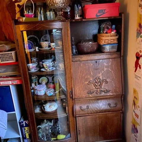 *RARE*Antique (1800's) Empire Curio Bookcase Secretary Locking Cabinet Tiger Oak Cover