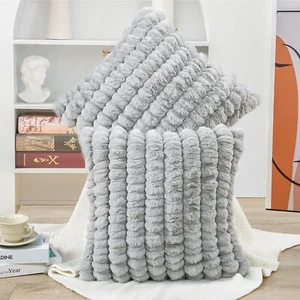 2 PCS Spandex Striped Heavy Rabbit Faux Fur Pillow Covers Soft Plush Pillowcases - Picture 1 of 25