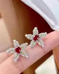 Flower Stud 2Ct Oval Cut Lab-Created Red Ruby Earrings 14K Two-Tone Gold Plated - Picture 1 of 9