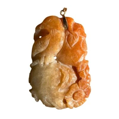 СТАРИННЫЙ КИТАЙСКИЙ РЕЗНОЙ РУССКИЙ ЖАДЕИТ НЕФРИТ ПТИЦА ФРУКТЫ ОЖЕРЕЛЬЕ КУЛОН 14K ЗОЛОТО - Изображение 1 из 4