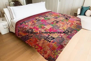 Indian Kantha Quilt Handmade Patchwork Reversible King Bedspread Blanket Throw~ - Picture 1 of 6