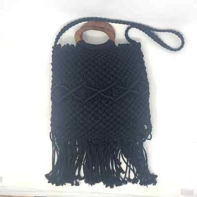 Danielle Nicole Macrame Fringe Tassel Wooden Handle Crossbody Bag in Black - Image 1 of 4