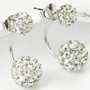 Women Dangle Double Sided Pearl Beads Crystal Ball Ear Stud Earrings Jewelry
