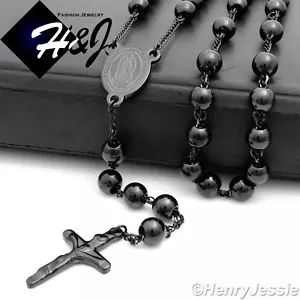 30+5"Stainless Steel HEAVY 8mm Black Plated Beads Virgin Mary Rosary Necklace*10 - Picture 1 of 2