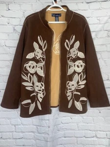 Susan Graver Women Plus REVERSIBLE FLEECE Zip Cardigan Brown Tan White Floral 2X - Picture 1 of 10