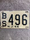 1944 New Jersey License Plate - BS 496- Nice!