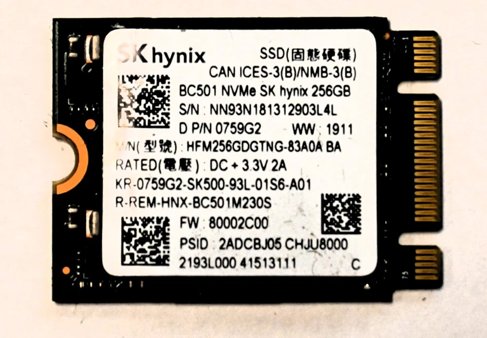 256 GB M.2 BC501 NVMe Hynix 3.3V  SSD Solid State Drive - Image 1 of 1