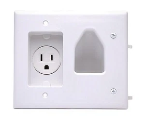 2-Gang Recessed Low Voltage Wall Plate Video Audio Speaker Cable w/ Power Outlet - Picture 1 of 2